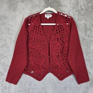 Vintage Magnolia Cardigan Sweater Womens Medium Red Floral Crochet Hong Kong